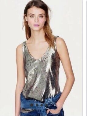 Vintage J. Crew Metallic Paisley Scoop Neck Tank - Gold